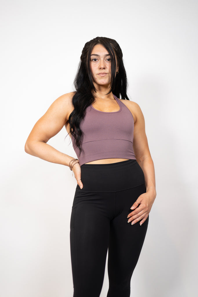 Everyday Cross-Back Sports Bra- Cosmic Purple Racer back Medium Impact 4-Way Stretch Removable Cups Fabric: Nylon, Spandex